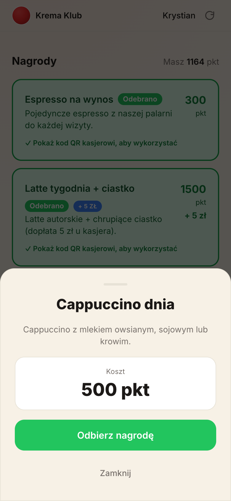 Klient odbiera nagrodę w aplikacji